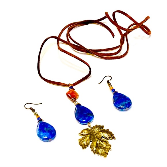 Bohemian LAPIS LAZULI Stone Earrings & Necklace w/ Sculpted Bronze Maple Leaf - Picture 12 of 14